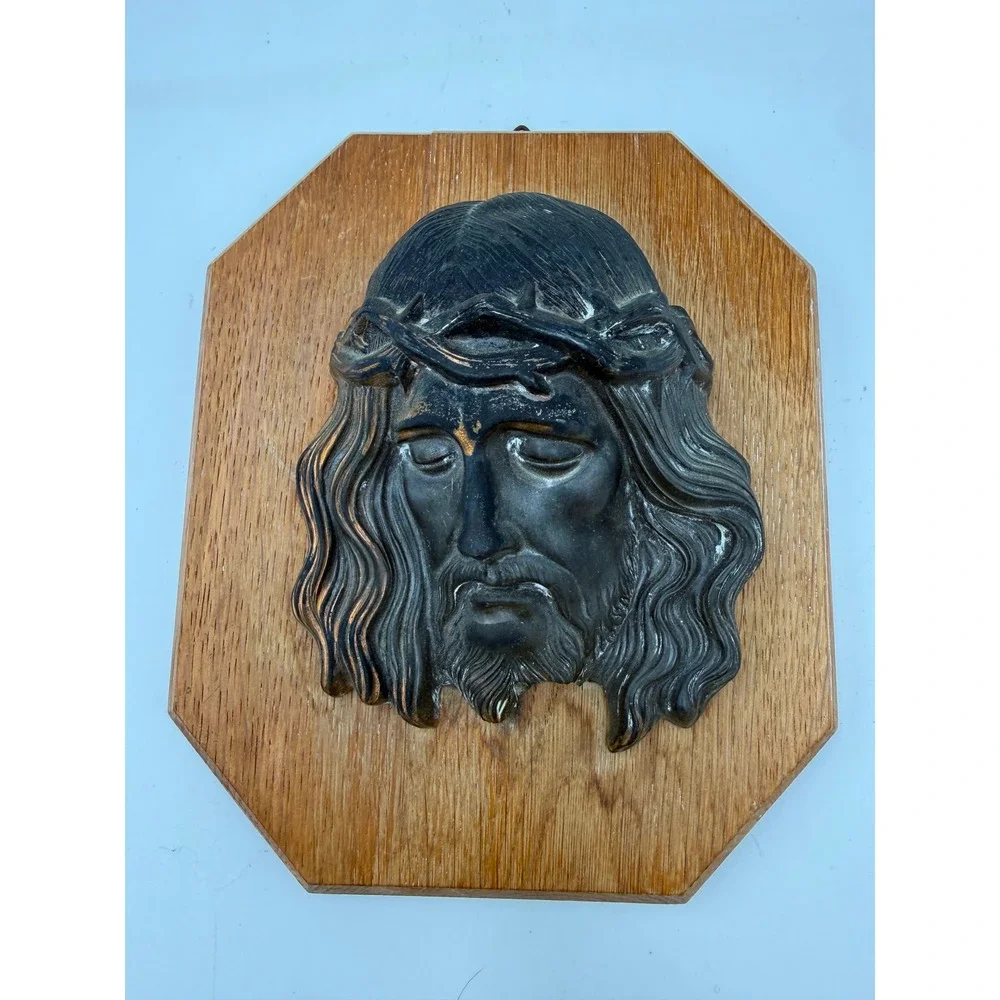 Jesus‎ Wall Plaque Religious Brown Metal Relief Wood Octagon Decor 7